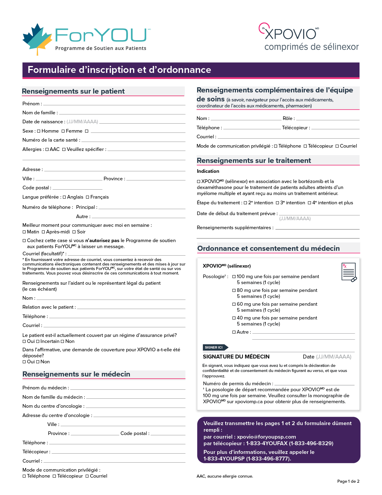 Formulaire d'inscription et d'ordonnance
